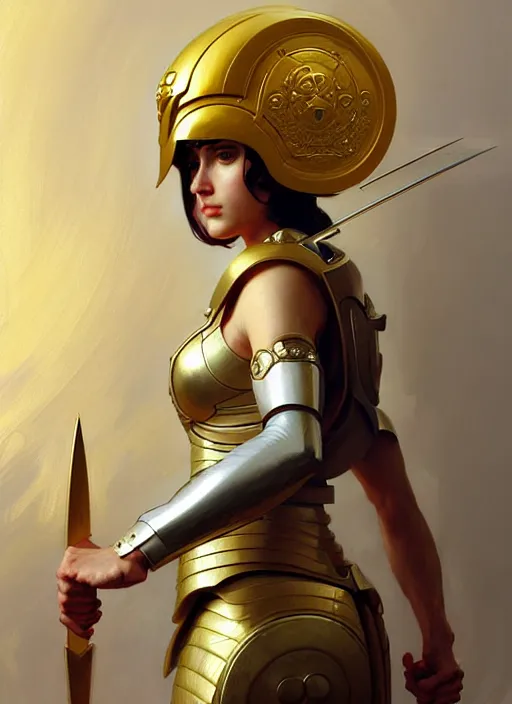 Image similar to character concept portrait of the goddess Athena with helmet and spear, shiny gold, intricate, elegant, digital painting, concept art, smooth, sharp focus, illustration, from Metal Gear, by Ruan Jia and Mandy Jurgens and William-Adolphe Bouguereau, Artgerm