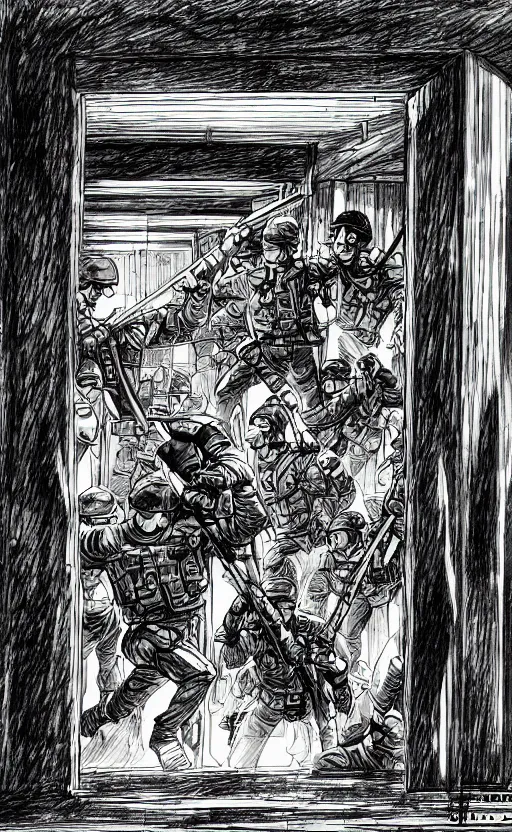 Prompt: soldiers breaching through a door illustrated by kim jung gius, detailed drawing, comic book drawing, black and white, ink drawing, strong perspective drawing