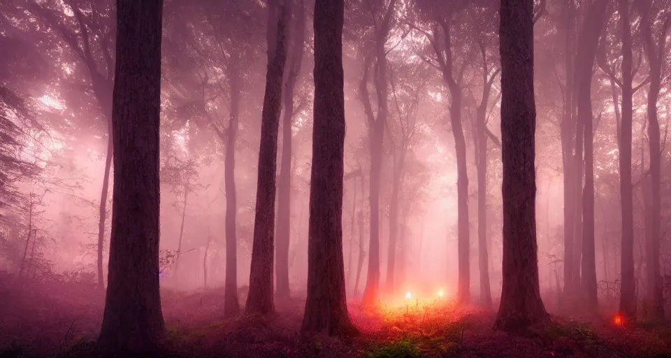 Prompt: a magical iradescent forest, thick fog, fireflies flying, big glowing trees, epic lighting, cinematic 4K