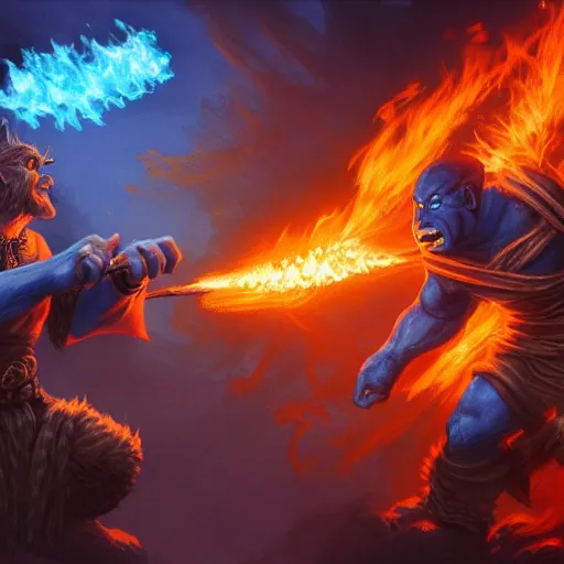 Image similar to a pyromancer is fighting a orc with blue fire, medium level shot , epic scene, Mucha style , general fantasy, illustration ,concept art,