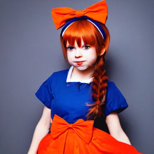 Image similar to little girl in a maid outfit with blue eyes, a red bow on her head, short light orange hair, anime, high detail