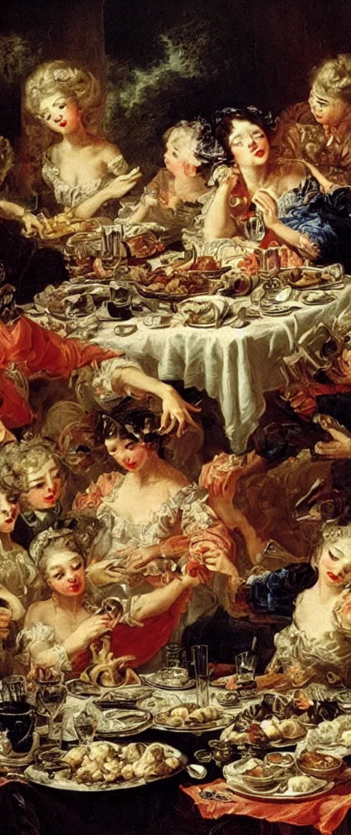 Image similar to vampires at a feasting dinner table with bones on plates super dreamy scary beautiful oil painting in the style of francois boucher