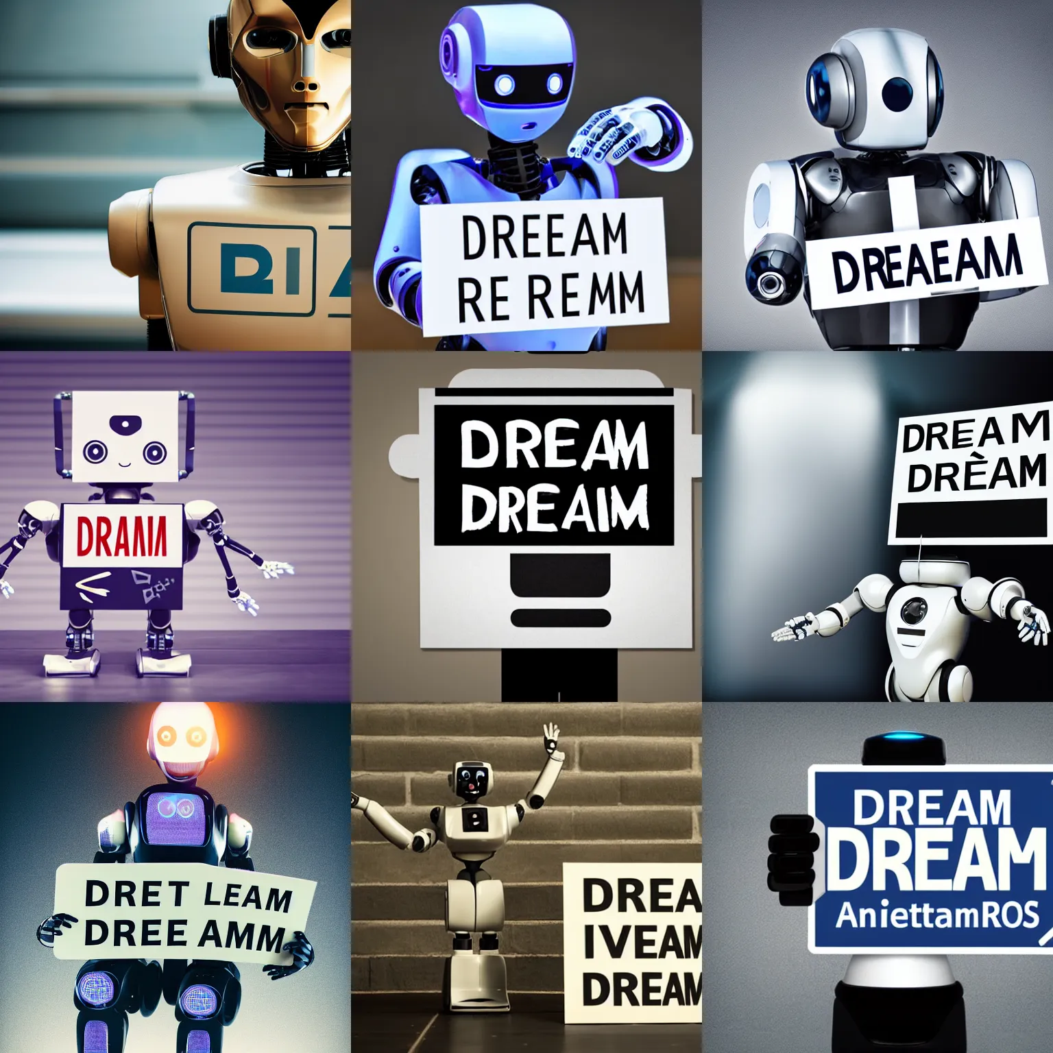 Image similar to artificial intelligence robot holding a sign with text that reads : dream