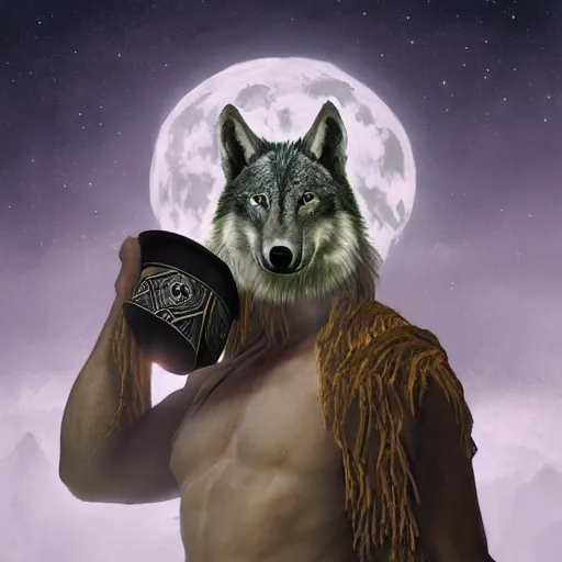 Prompt: spartan shaman drinking tea with trichocereus background and smoke haze, full moon, wolf, photo in the style of the celestine prophecy, wlop, artgerm, greg rutkowski and alphonse mucha