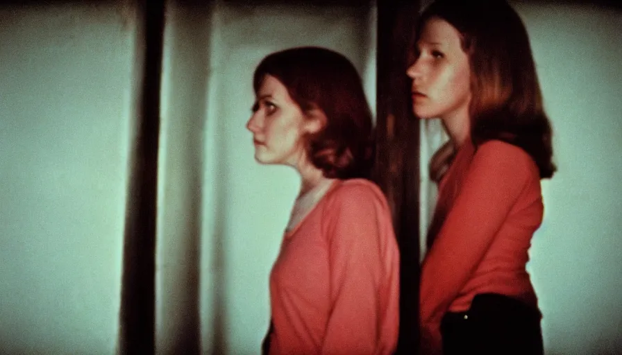 Image similar to 7 0 s film still from a horror movie of two young adults standing in profile and facing each other looking downwards while standing in a liminal space, kodachrome, cinecolor, cinestill, photorealism, cinematic, film grain, film texture, vhs recording