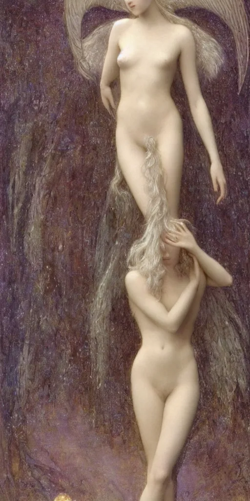 Image similar to Say who is this with silver hair so pale and Wan! and thin? beautiful lone single feminine!! angel, Venus Aphrodite, in the style of Jean Delville, Lucien Lévy-Dhurmer, Fernand Keller, Fernand Khnopff, oil on canvas, 1896, 4K resolution, aesthetic, mystery