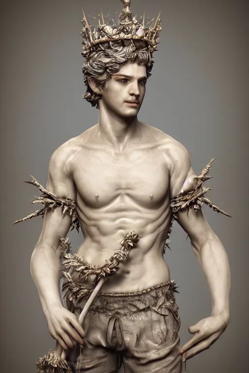 Prompt: a realistic porcelain baroque style sculpture of handsome young seductive Spanish prince with a spiky hair, wearing a crown made out of woven pipe cleaners, floating in outer space, photorealism, octane render, depth of field, 8k, 35mm, artgem, Trending on artstation