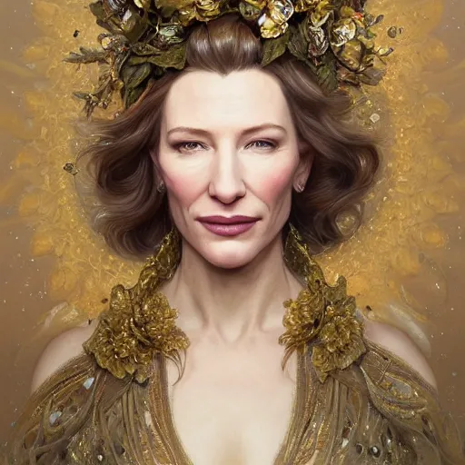 Image similar to Portrait of cate blanchett wearing a floral crown, olive skin, long dark hair, beautiful bone structure, shiny gold background, intricate, elegant, highly detailed, digital painting, artstation, concept art, smooth, sharp focus, illustration, art by artgerm and greg rutkowski and alphonse mucha