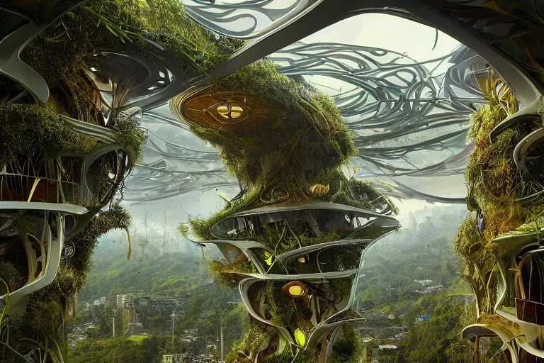 Image similar to futuristic foliage overgrowing favela fungus hive, art nouveau environment, award winning art, epic dreamlike fantasy landscape, ultra realistic,