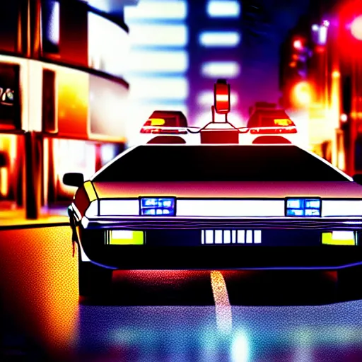 Image similar to a car Delorean in middle of road, shibuya prefecture, night city, cinematic color, photorealistic, highly detailed
