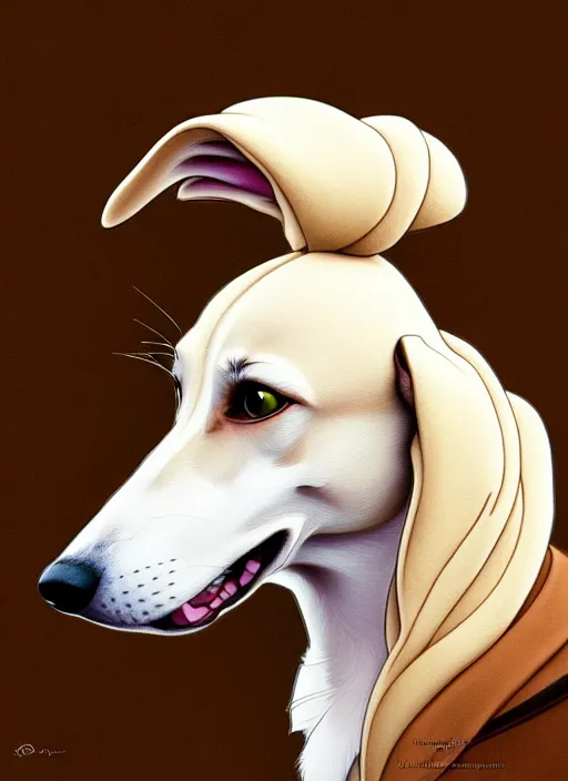 Prompt: cute white brown greyhound with a brown ear, natural lighting, path traced, highly detailed, high quality, digital painting, by don bluth and ross tran and studio ghibli and alphonse mucha, artgerm