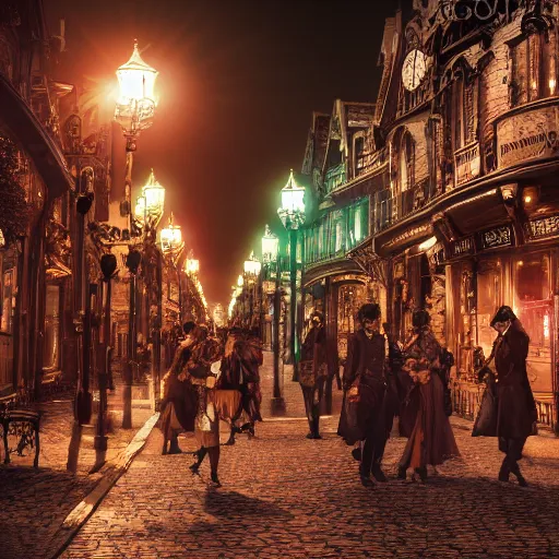 Image similar to a street level photo of a fantasy steampunk victorian city street, with people walking on the streets, at night, 4k, canon 5D