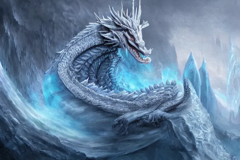 Image similar to frozen dragon in a giant throne of ice, mystical, digital painting, mixed media, trending on artstation and deviantart, epic composition, highly detailed, 8 k