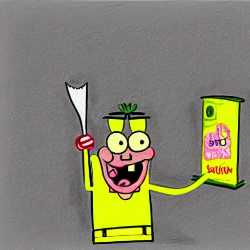 Image similar to sketchy crayon drawing of spongebob squarepants holding a kitchen knife