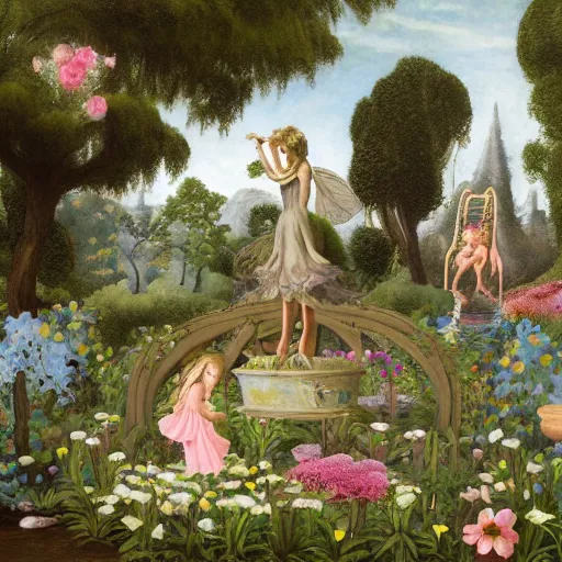 Image similar to a whimsical garden scene. In the art installation, a young girl can be seen playing among the flowers and trees, while a fairy watches over her. blueprint by Raphael Lacoste, by Kent Monkman ghastly