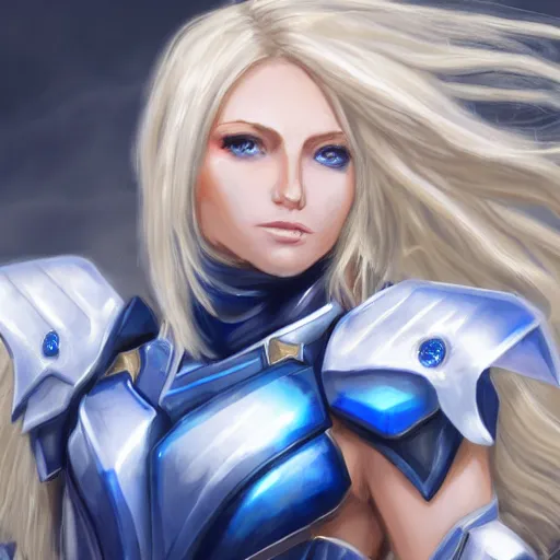 Prompt: Angelic being with blonde hair and blue eyes with white and gold armor, ultra detailed, armor, artstation, 8k, photorealistic, digital art. n-6