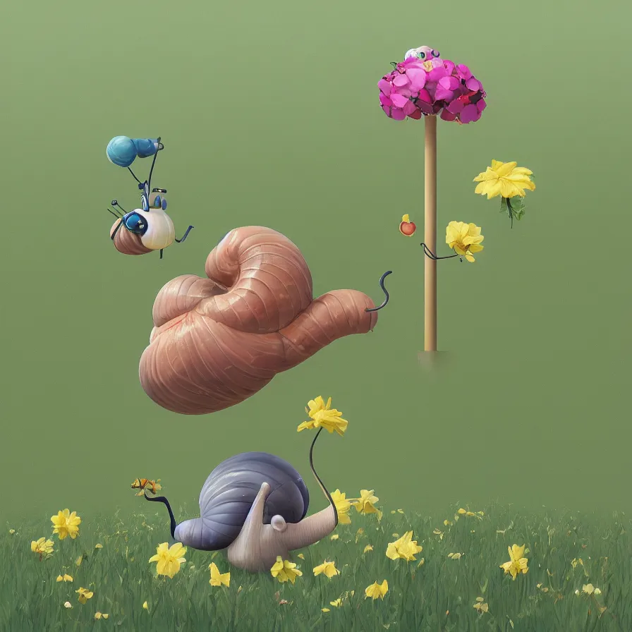 Image similar to Side view of a snail climbing up the pole of the tallest flower in the field, art by Goro Fujita