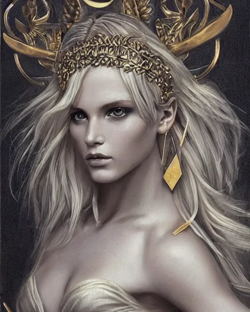 Image similar to tattoo sketch of blonde super model aphrodite greek goddess wearing a gold laurel wreath and triangle earrings, beautiful piercing gaze with sharp pupils, in the style of greg rutkowski, fantasy, amazing detail, epic, elegant, smooth, sharp focus, front view