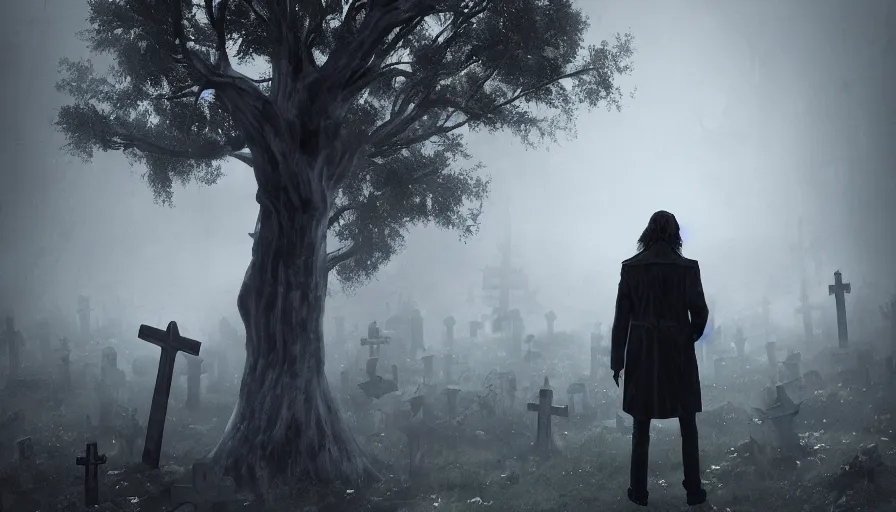 Image similar to Man in black trench coat and long hair standing in front of a grave in an abandoned cemetery, grey sky, light fog, hyperdetailed, artstation, cgsociety, 8k