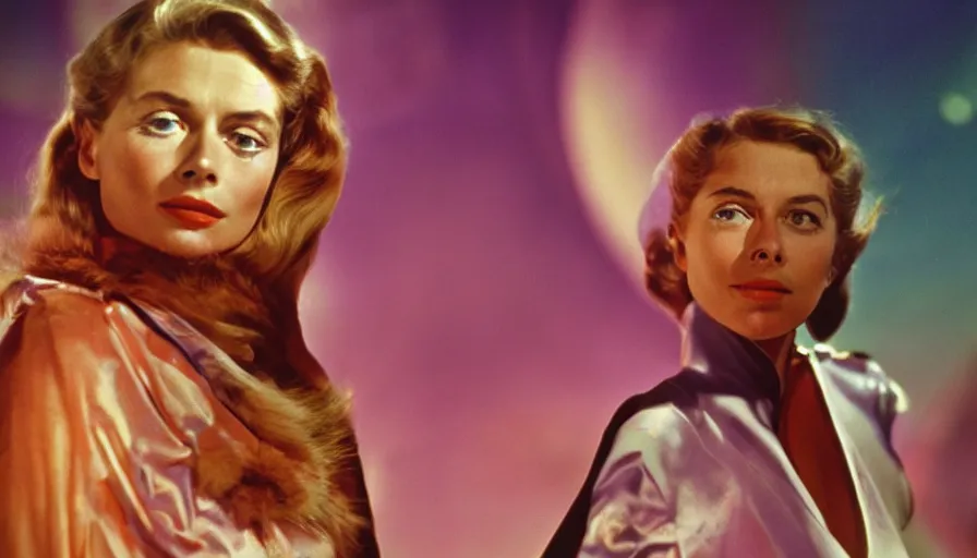 Image similar to film capture, young ingrid bergman as barbarella, exploring an alien planet. full colour. colourful. symmetrical face. symmetrical body. cinematic. 1 0 0 mm lens. realistic. photograph.