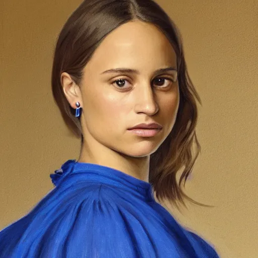 Prompt: portrait of Alicia Vikander wearing blue shirt and red 1850 dress, in the style of the Hudson River School