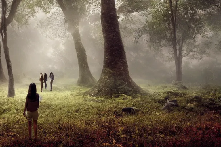 Image similar to tourists visiting a complex organic fractal 3 d ceramic sphere floating in a lush forest, foggy, cinematic shot, photo still from movie by denis villeneuve