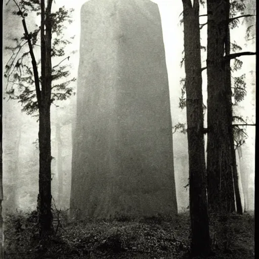 Image similar to old photograph of a giant monolith in a haunted forest