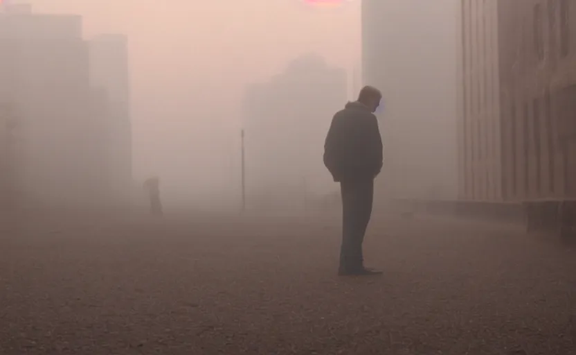 Prompt: cinematic shot of a lonely man with broken heart, moody scene from being john malcovich directed by charlie kaufman ( 2 0 0 1 ), foggy volumetric light morning, anamorphic lenses, kodak color film stock