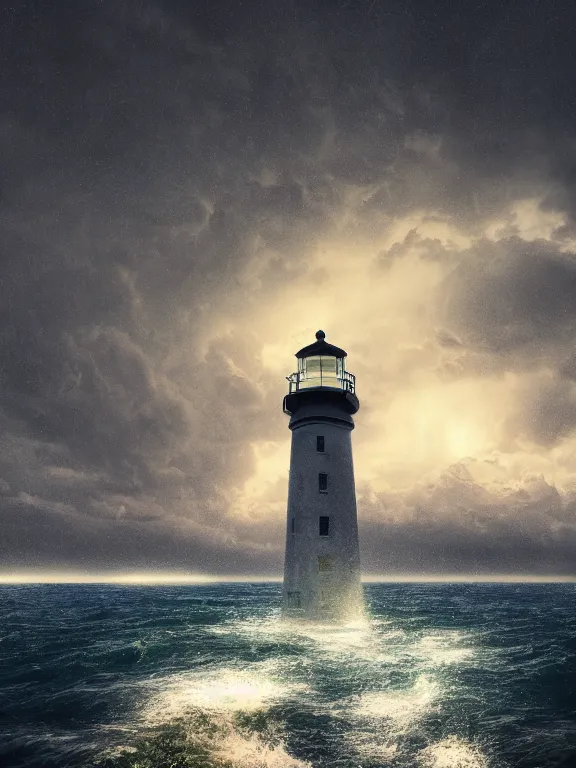 Prompt: photo of 8k ultra realistic lighthouse on island, heavy rain, ,lightning storm, boat lights in distance, night, light shining, heavy seas, full of colour, cinematic lighting, battered, trending on artstation, 4k, hyperrealistic, focused, extreme details,unreal engine 5, cinematic, masterpiece, art by Alena Aenami