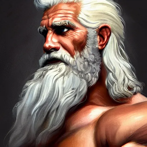 Image similar to painted portrait of rugged zeus, greek god, 4 0 years old, handsome, white hair, soft hair, upper body, muscular, hairy torso, fantasy, intricate, elegant, highly detailed, digital painting, artstation, concept art, smooth, sharp focus, illustration, art by norman rockwell