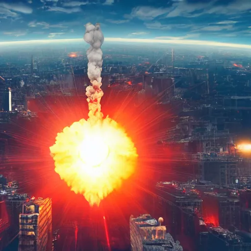 Prompt: centered action photography shot of extremely detailed hyper realistic thermonuclear bomb explosion in a city, professional film photography, 8 k, cinematic framing, cinematic lighting