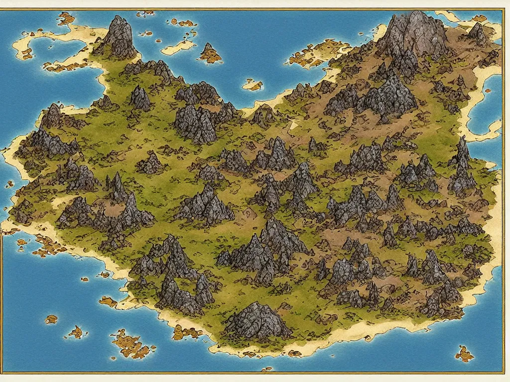 Image similar to an isometric fantasy map, the land of Odrua, uncluttered, bordered by ocean, continent with mountains lakes hills and cities, by brian froud by jrr tolkien in the dungeons and dragons and disney styles