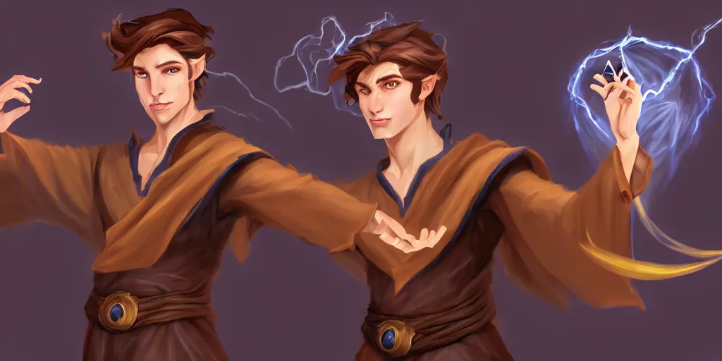 Image similar to concept art of a handsome young caucasian male sorcerer with brown hair he is casting a spell that is emanating from his hands he is in a alchemist lab, action pose, medium shot, waist up, dungeons and dragons art, magic the gathering art