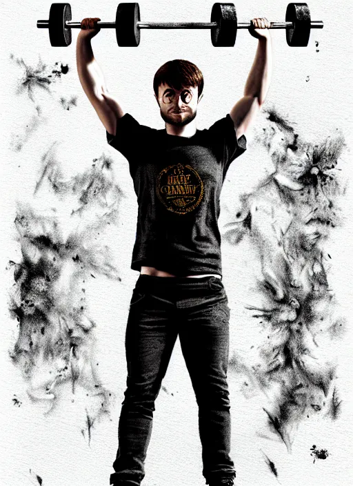 Image similar to a highly detailed full body portrait of Daniel Radcliffe as Harry Potter doing barbell back squats, wearing a muscle tee shirt, intricate detail, digital painting, old english, raining, sepia, particles floating, gym background by marc simonetti, artwork by ross tran + ramond swanland + liam wong, concept art, smooth, sharp focus, illustration, cinematic lighting