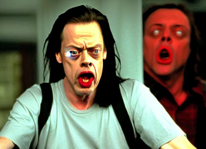 Image similar to steve buscemi in a still from the movie The Room (2003), screaming You Are Tearing Me Apart Lisa!