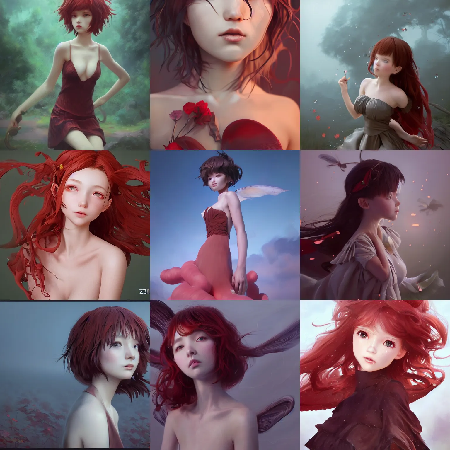 Prompt: realistic style at CGSociety by WLOP, ilya kuvshinov, krenz cushart, Greg Rutkowski, trending on artstation. Zbrush sculpt colored, Octane render in Maya, Houdini VFX. whimsical field nymph, wearing a midnight dress, expressing playfulness, long wavy red hair, deap eyes. Oil painting. Cinematic overwhelming atmosphere, sharp focus, soft volumetric studio lighting.