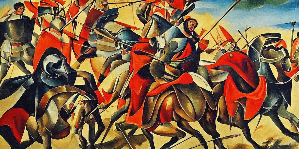 Image similar to italian futurism style painting of medieval knights jousting