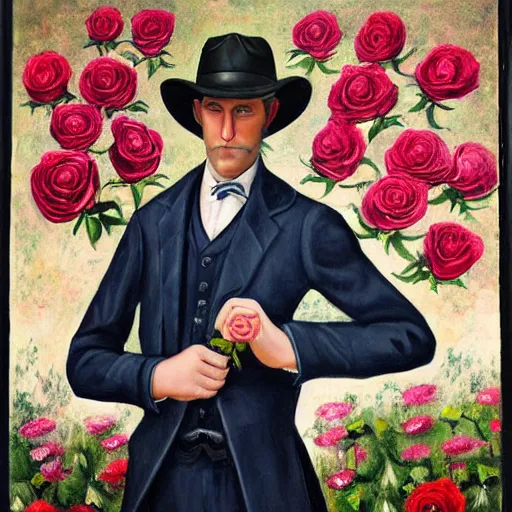 Image similar to a painting of a tall man with blue eyes that is wearing a wide brim hat and a leather vest. He has no facial hair. He is holding a revolver in his left hand and a rose is in his right hand. He is standing in a field of roses.