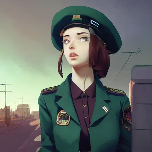 Image similar to young woman with shoulder length light brown hair and hazel eyes dressed in a sharp dark teal military uniform and beret, blurred city background in twilight lighting, ilya kuvshinov, anime, greg rutkowski, guweiz, ross tran, artstation trending, artgerm, concept art, digital painting, painterly