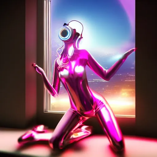 Prompt: beautiful cybergirl with the headset in the metallic costume standing by the window in the futuristic neon room, city lights, digital art, highly detailed