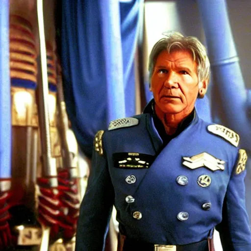 Image similar to A still of Harrison Ford as Commander Adama in Battlestar Galactica (2003), wearing a dark blue colonial uniform