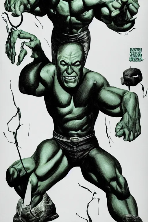 Image similar to buster keaton as the incredible hulk, comic book fantasy illustration, detailed painting, soft shading, dynamic lighting, comic book concept art