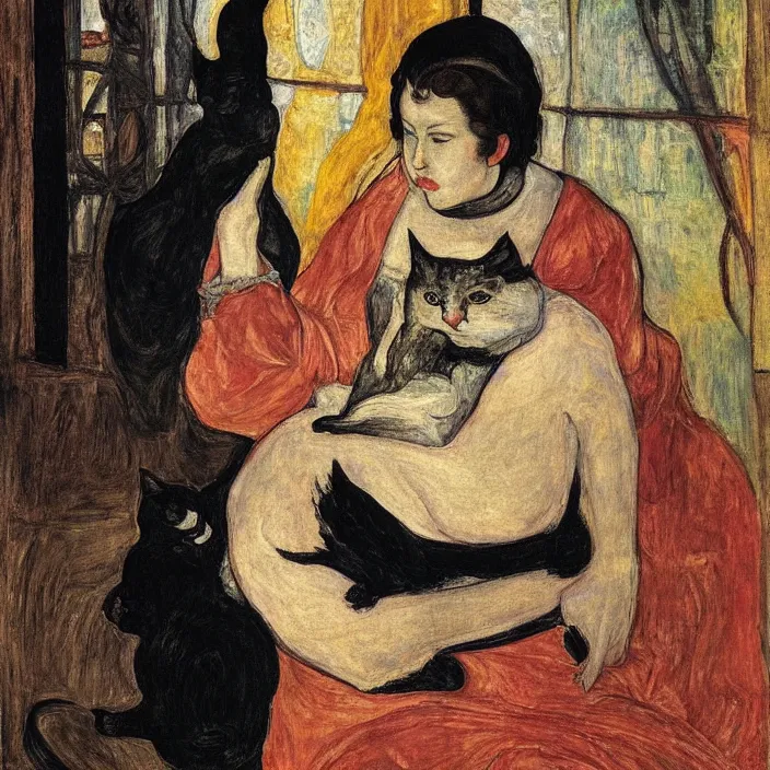 Image similar to close portrait of woman in night gown with cat, with city with gothic cathedral seen from a window frame with curtains. thunderstorm. caravaggio, egon schiele, bonnard, henri de toulouse - lautrec, utamaro, monet