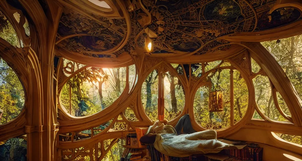 Image similar to A scene from a 2022 fantasy film featuring a cozy art nouveau reading nook inside a fantasy treehouse city. Suspended walkways. Disorganized ancient books. Golden Hour. 8K UHD.