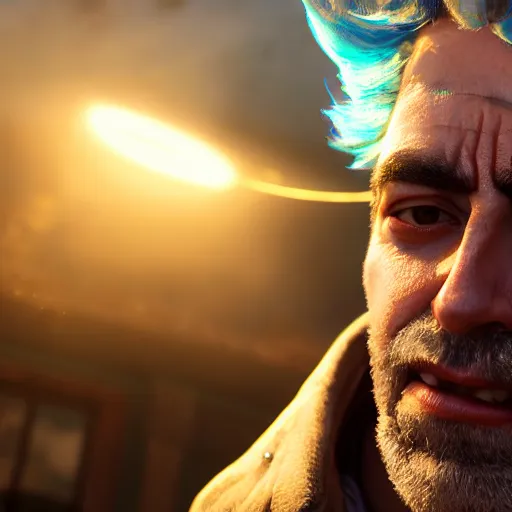 Image similar to portrait art of rick sanchez 8 k ultra realistic, lens flare, atmosphere, glow, detailed, intricate, full of colour, cinematic lighting, trending on artstation, 4 k, hyperrealistic, focused, extreme details, unreal engine 5, cinematic, masterpiece