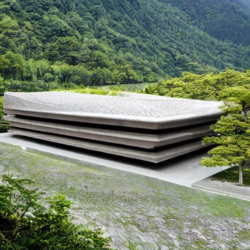 Image similar to a building in a stunning landscape by kengo kuma