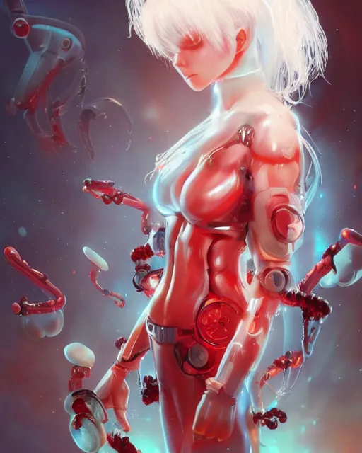 Image similar to cyborg girl with white hair and red clothes, alien hive, honey decorations, dreamy, beautiful illustration, scifi, radiant, atmosphere, harmony, top lighting, blue eyes, focused, perfect composition, artstation, highly detailed, art by yuhong ding and chengwei pan and serafleur and ina wong