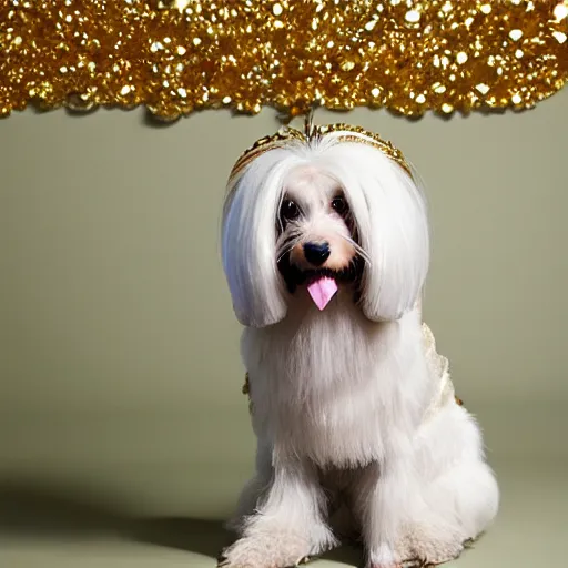 Image similar to a cream - colored havanese dog wearing a slinky metallic dress with ornate midcentury geometric gold headpiece, resting against a small marble pedestal with flowers loosely arranged, sultry look, gold curtain background, magazine photo by david lachapelle