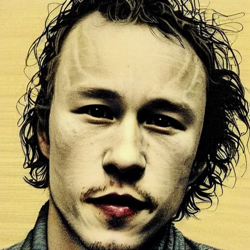 Image similar to “ heath ledger portrait by ikenaga yasunari and ayana otake and ko rakusui, 6 0 s poster, drawing, realistic, sharp focus, japanese, dreamy, nostalgia, faded, golden hues, floral clothes, porcelain skin ”