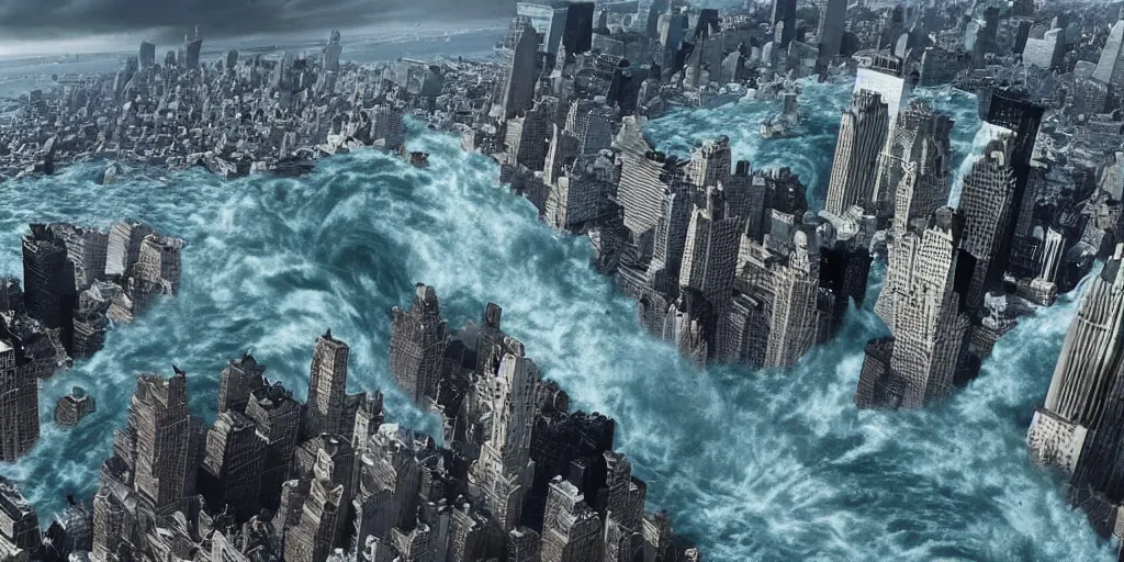 Image similar to ultra detailed and realistic picture of a tsunami hitting new york city